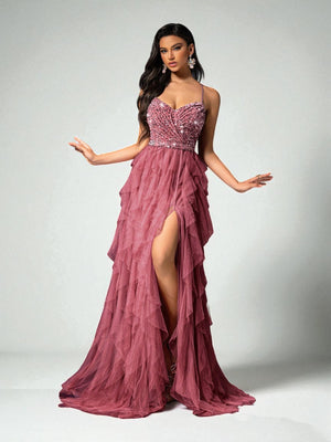 Vestido de Festa Rosa Canela Vestido de Festa Camadas Cascata Paetê Paty