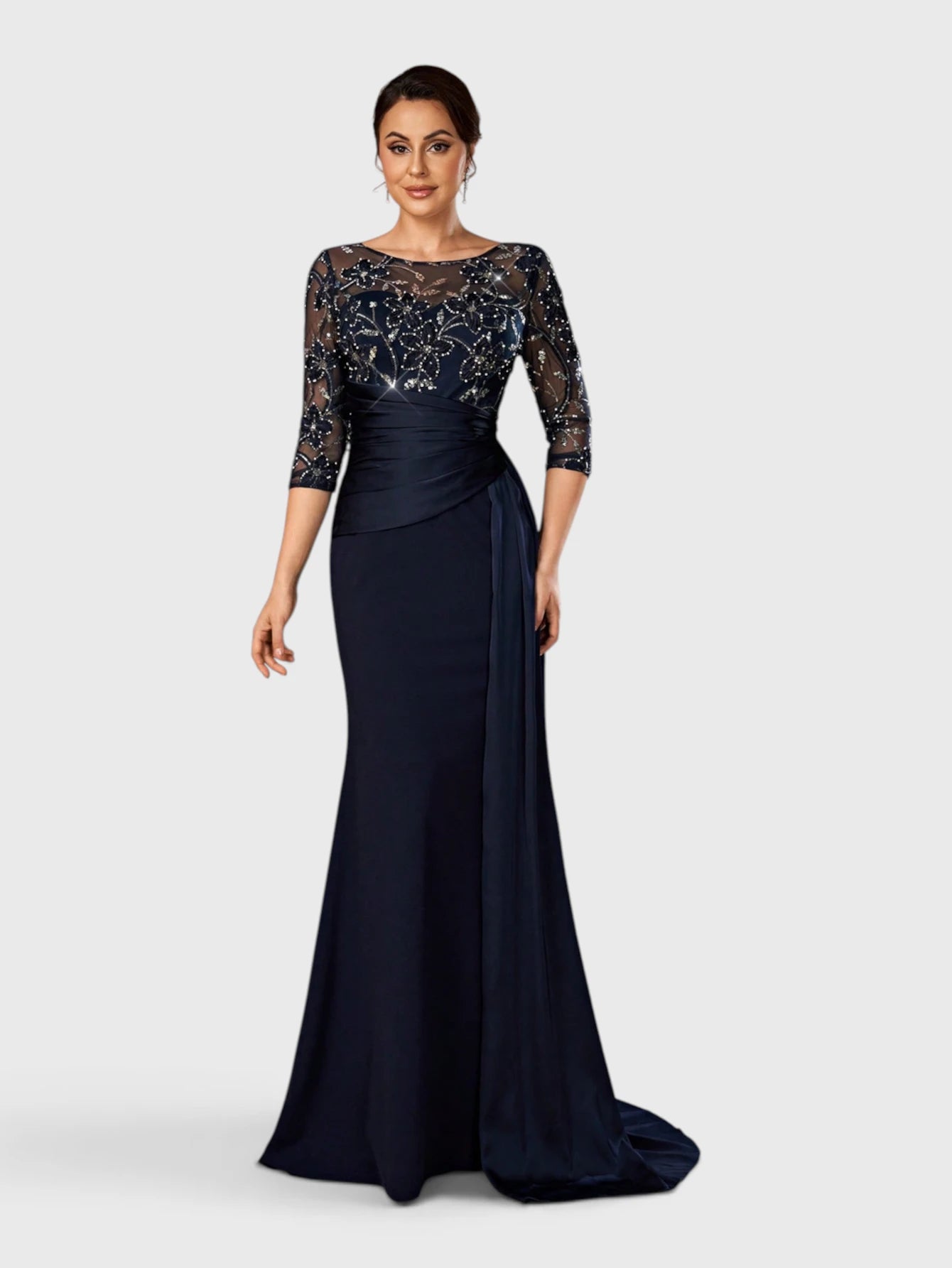 Vestido de Festa Longo Bordado Manga 34 com Cauda Lateral Laurence