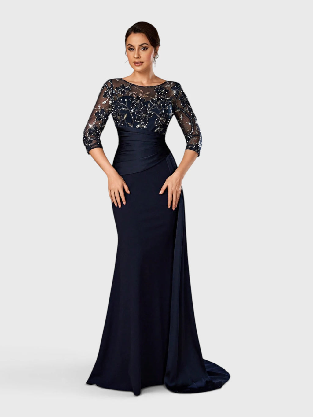 Vestido de Festa Longo Bordado Manga 34 com Cauda Lateral Laurence