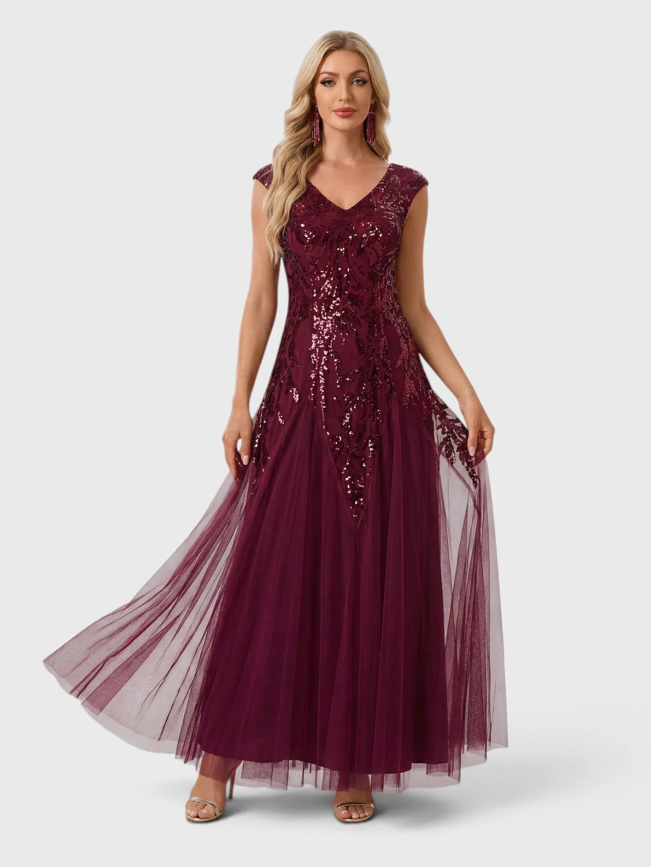 Vestido de Festa Marsala Vestido de Festa Longo Plus Size Bordado em Paetê Alpha