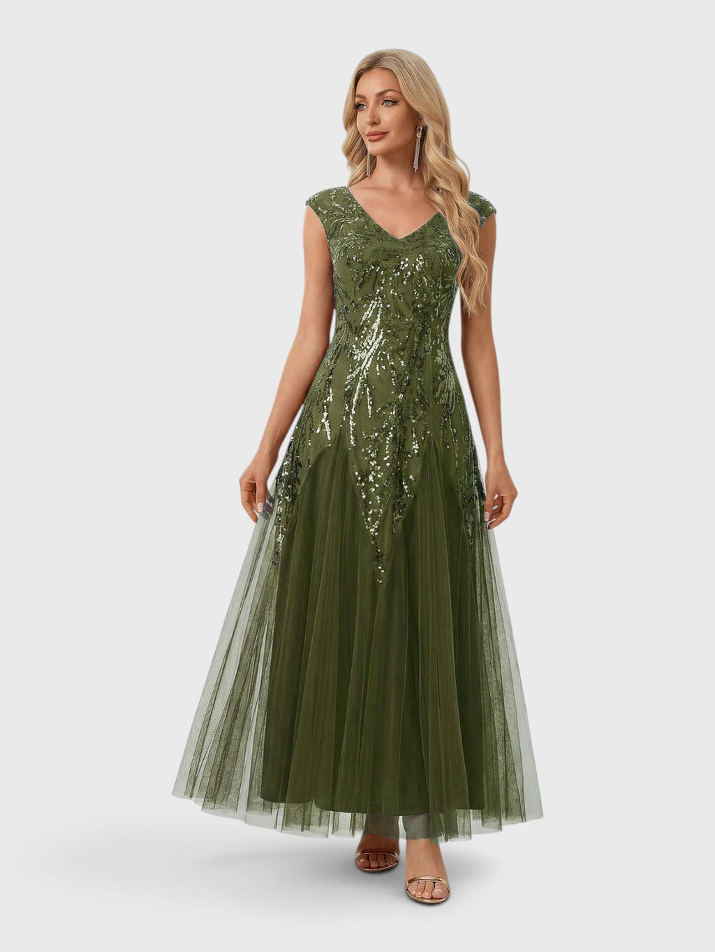 Vestido de Festa Verde Oliva Vestido de Festa Longo Plus Size Bordado em Paetê Alpha