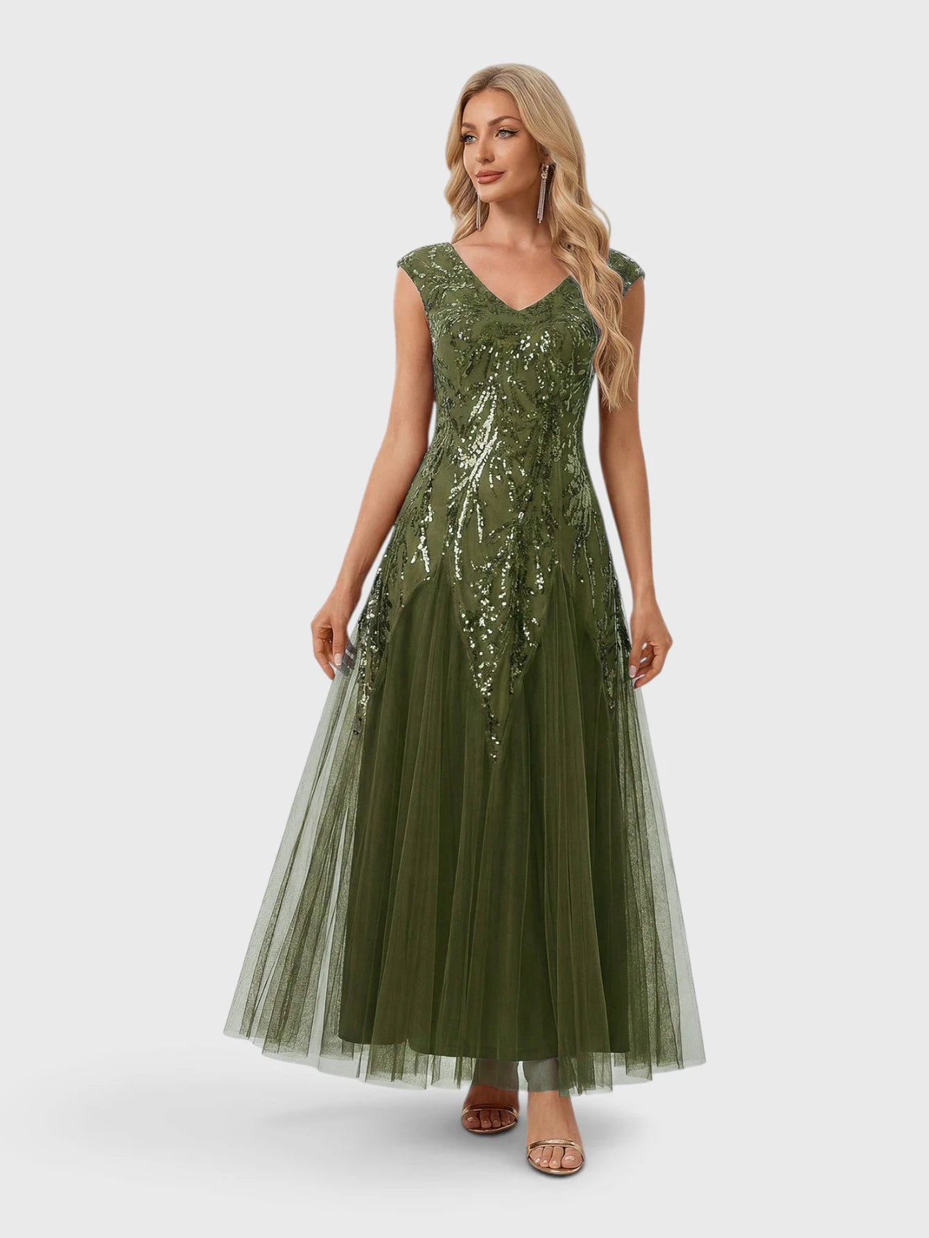 Vestido de Festa Verde Oliva Vestido de Festa Longo Plus Size Bordado em Paetê Alpha