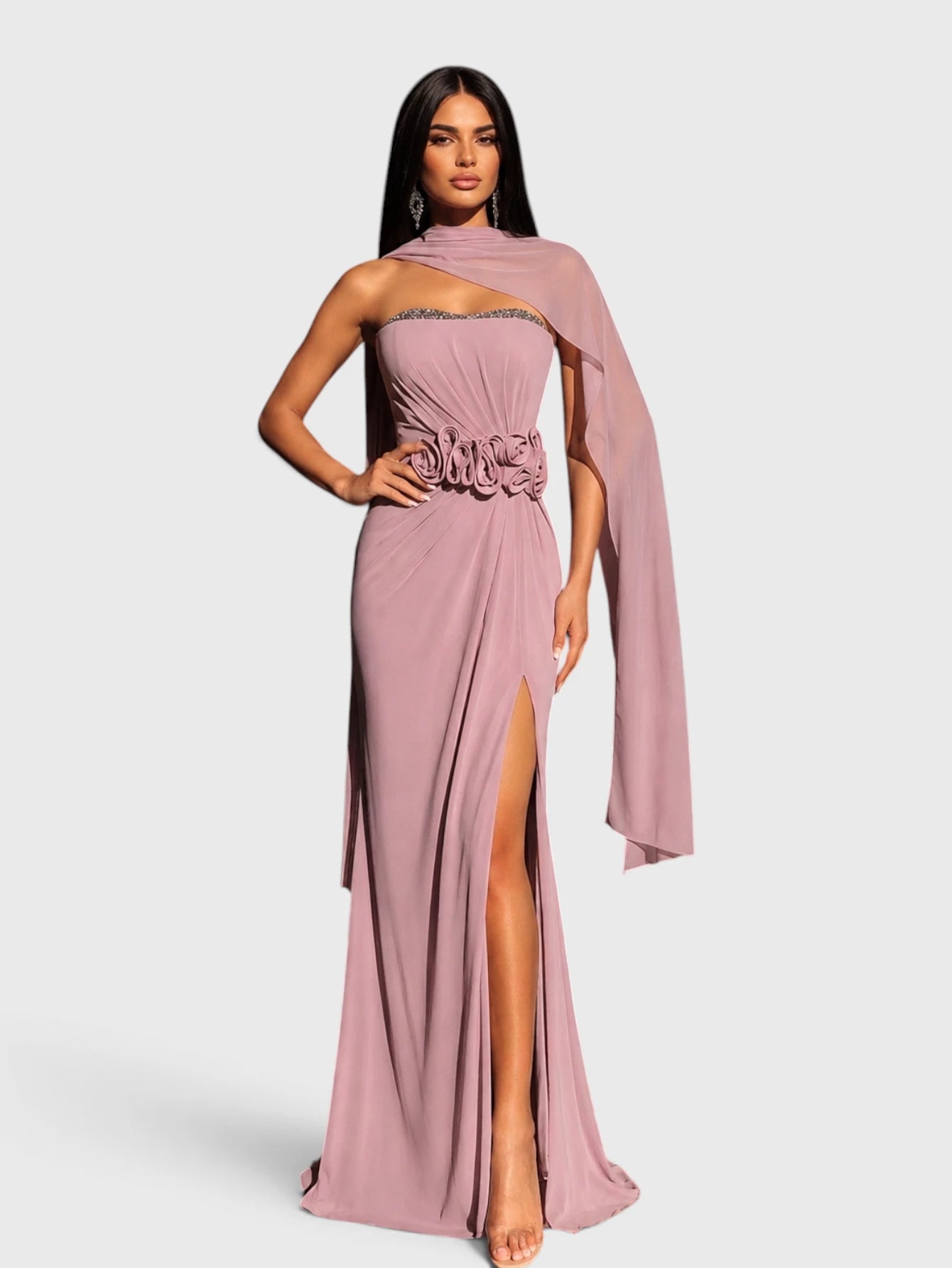 Vestido de Festa Longo Flor 3D com Echarpe Monâco