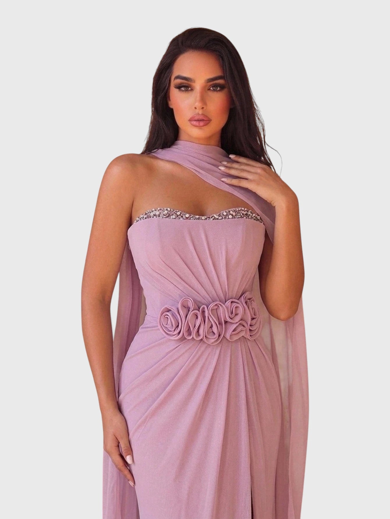 Vestido de Festa Longo Flor 3D com Echarpe Monâco