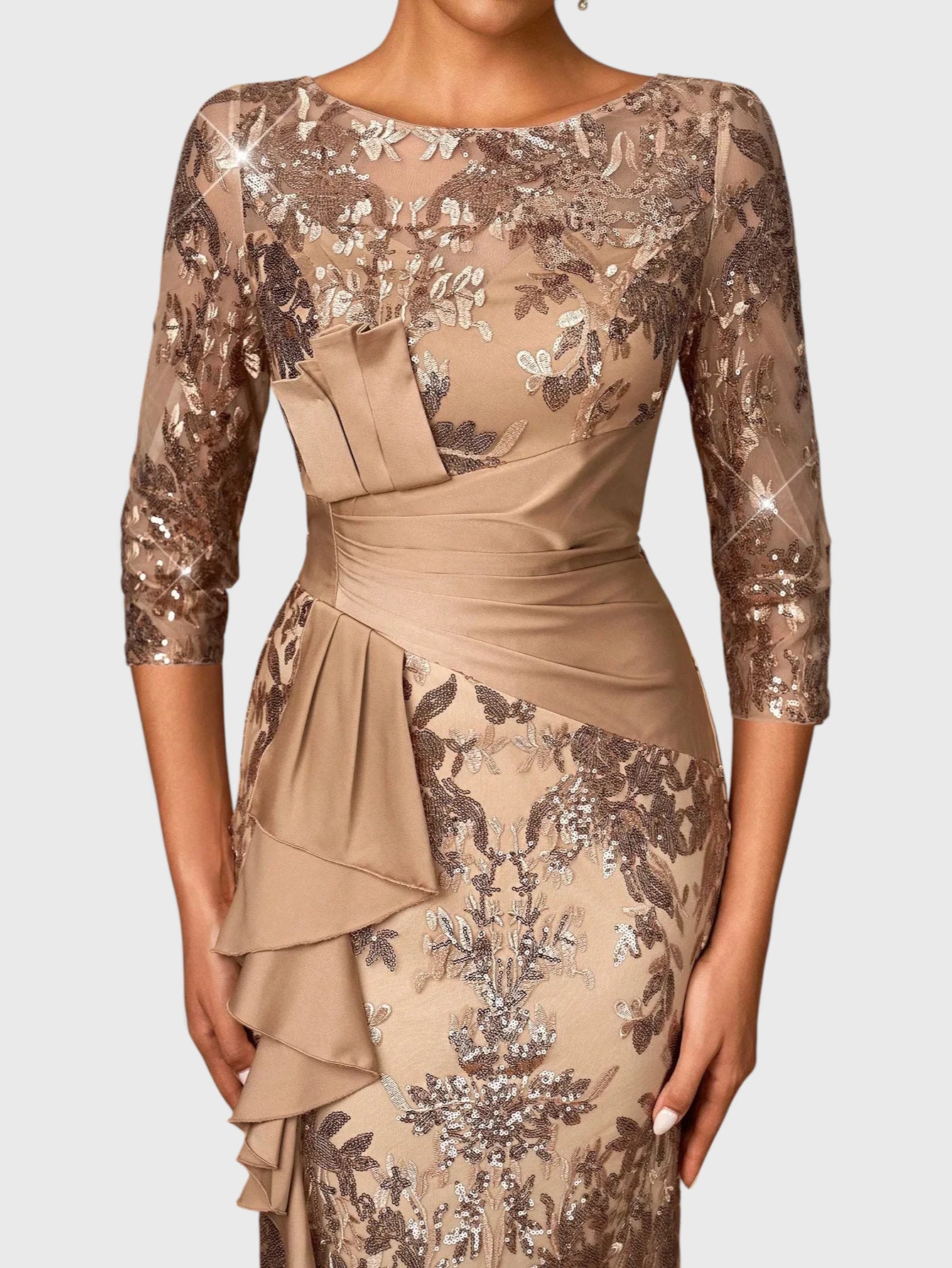 Vestido de Festa Longo Manga 3/4 Bordado Paetê Milão