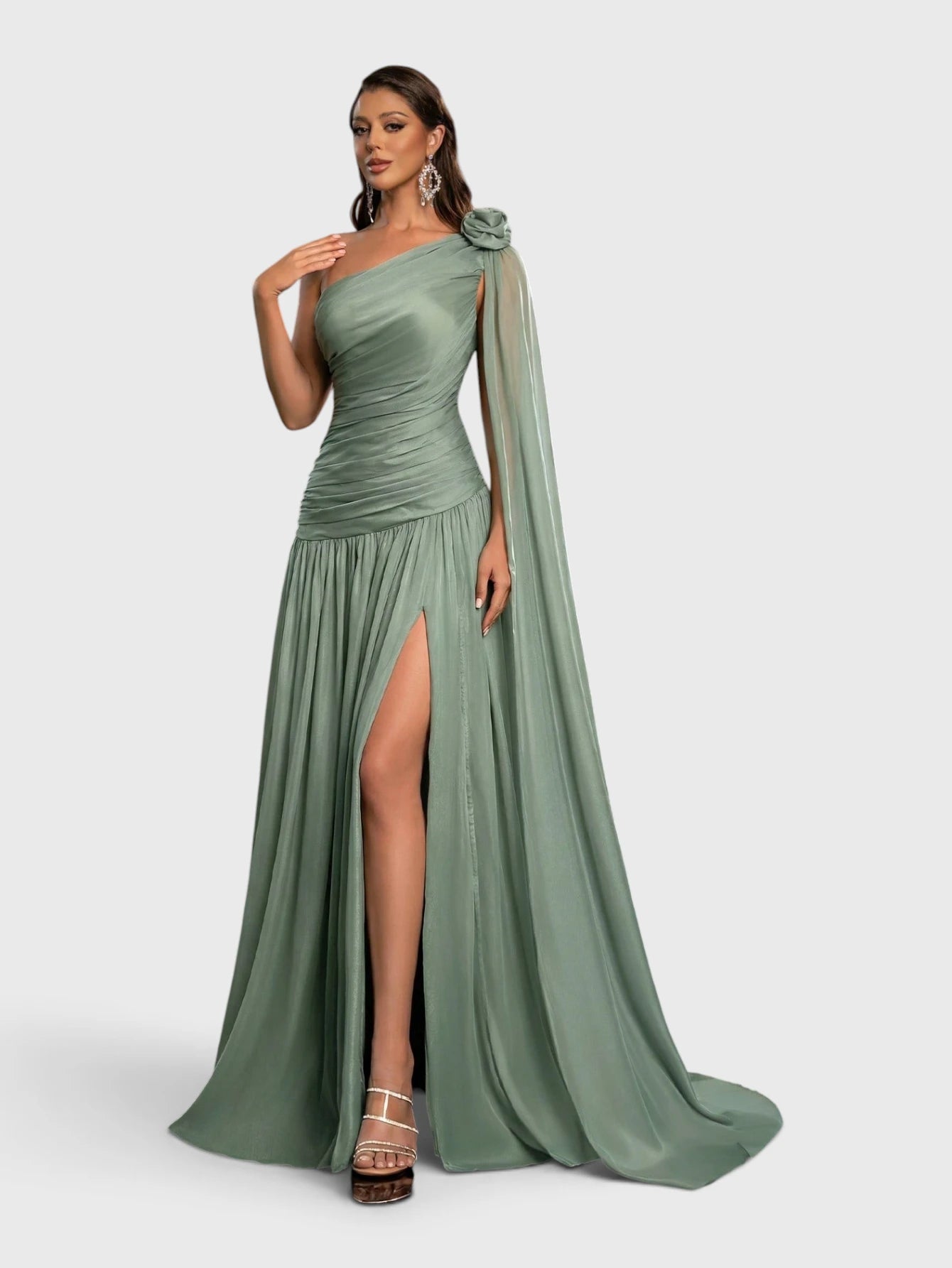 Vestido de Festa Verde Menta Vestido de Festa Longo Nula Manga com Capa Ellen