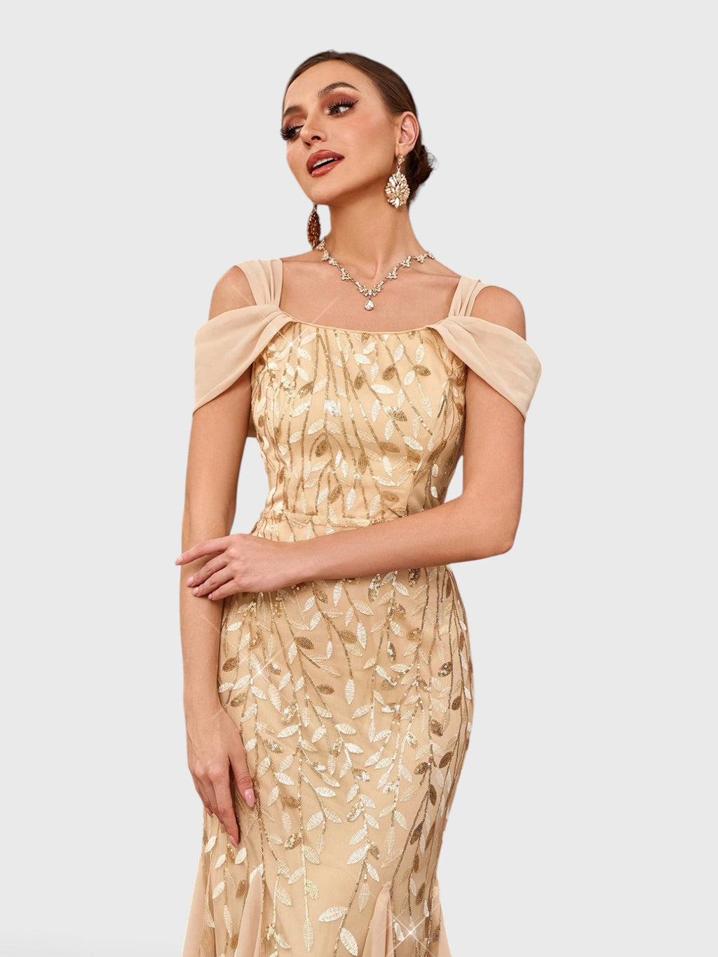 Vestido de Festa Longo Paetê Ombro a Ombro Alças