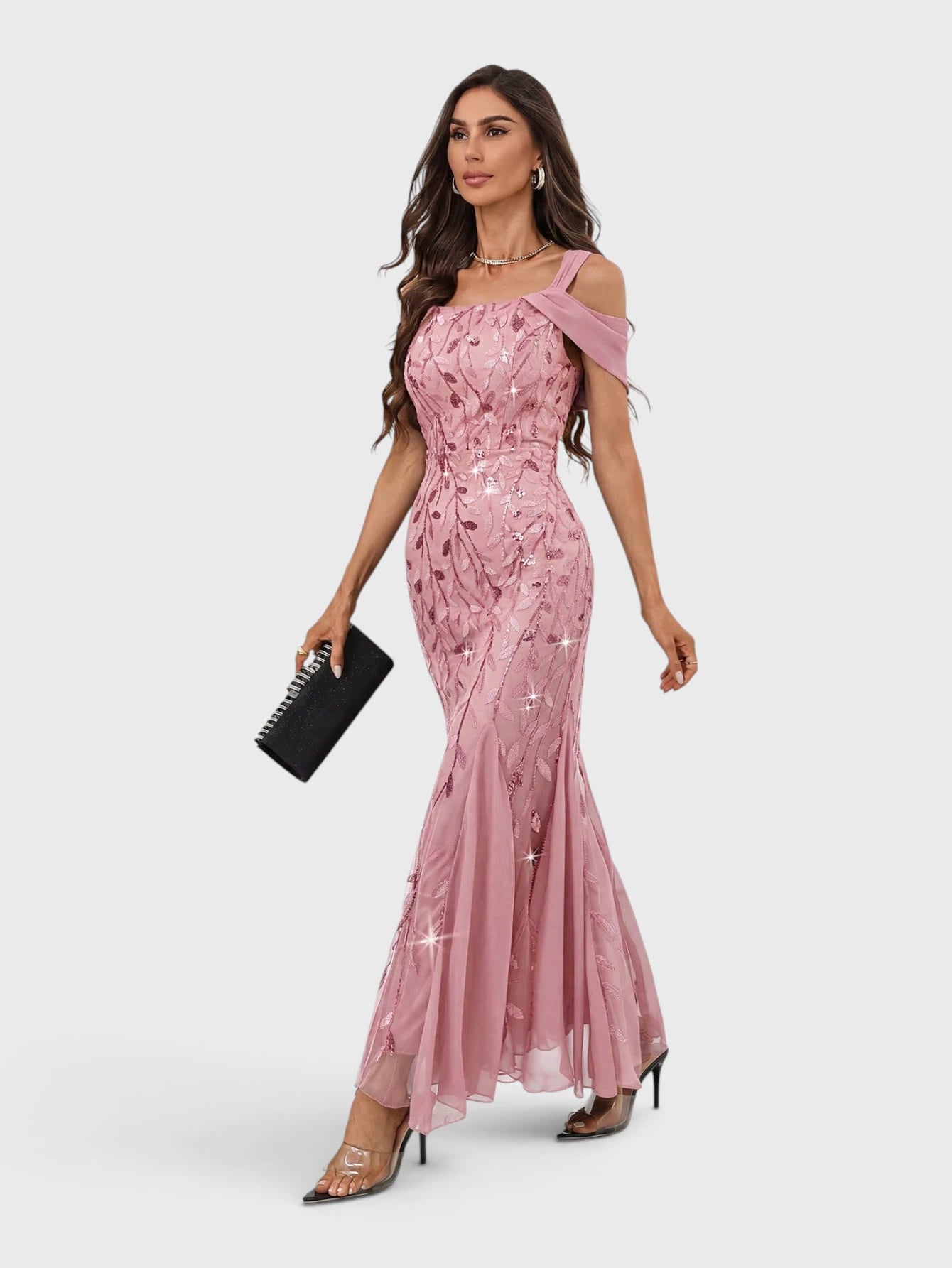 Vestido de Festa Longo Paetê Ombro a Ombro Alças