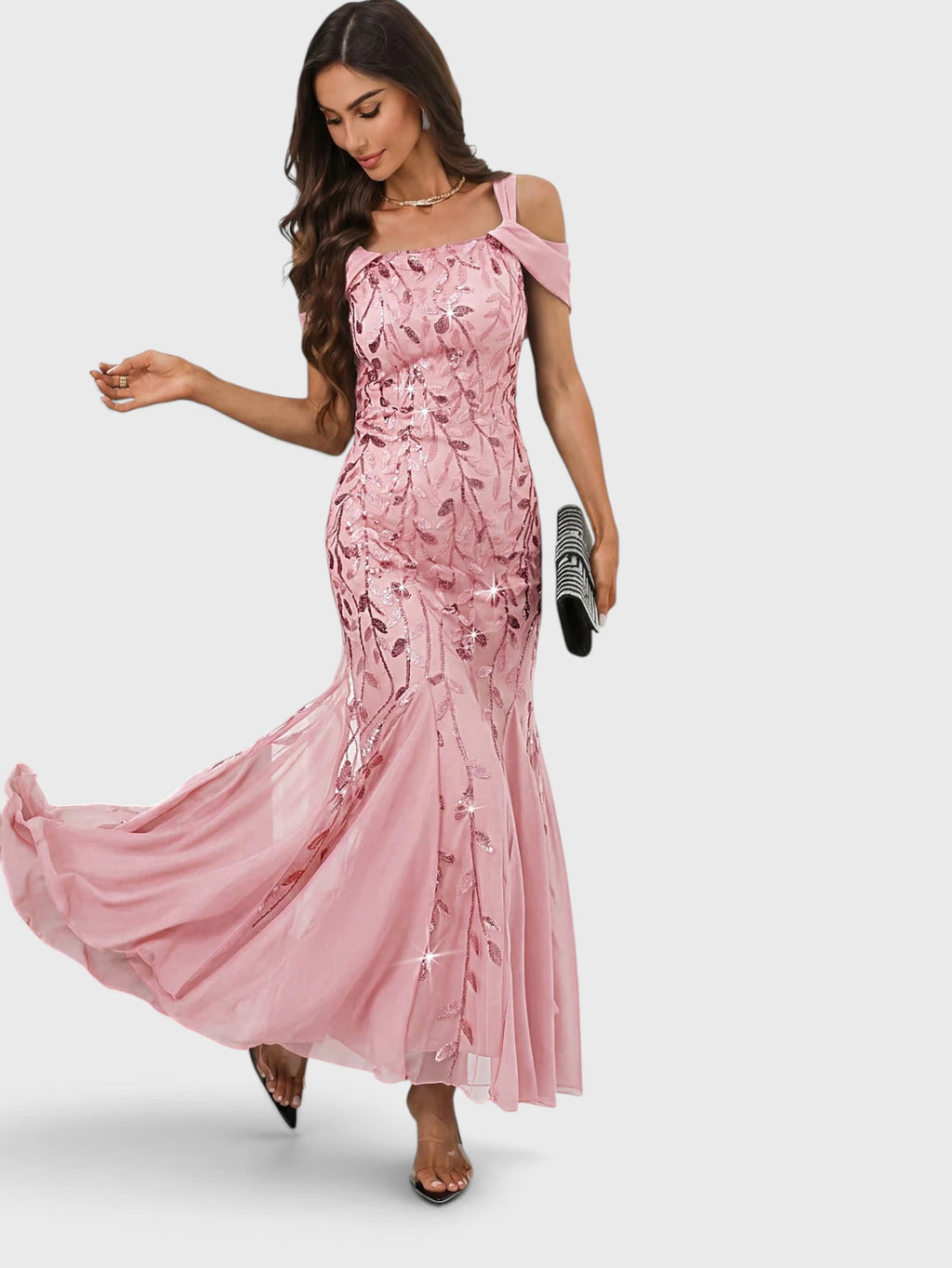 Vestido de Festa Longo Paetê Ombro a Ombro Alças