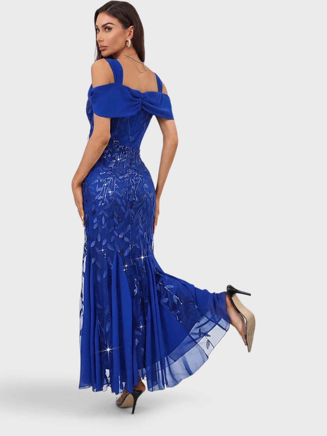 Vestido de Festa Longo Paetê Ombro a Ombro Alças