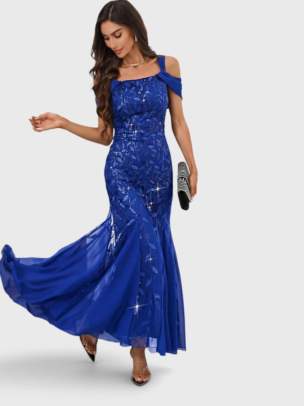 Vestido de Festa Longo Paetê Ombro a Ombro Alças