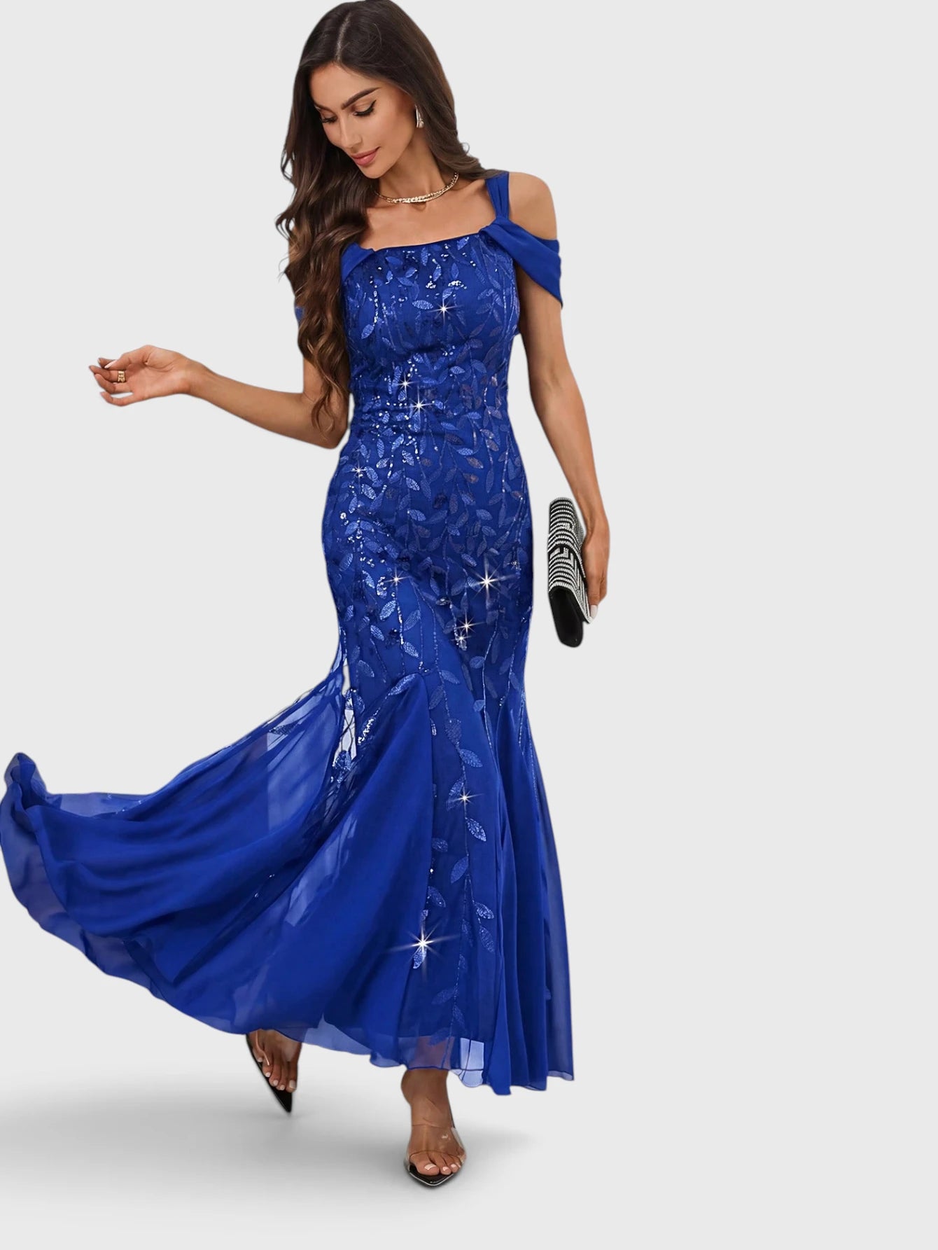 Vestido de Festa Longo Paetê Ombro a Ombro Alças