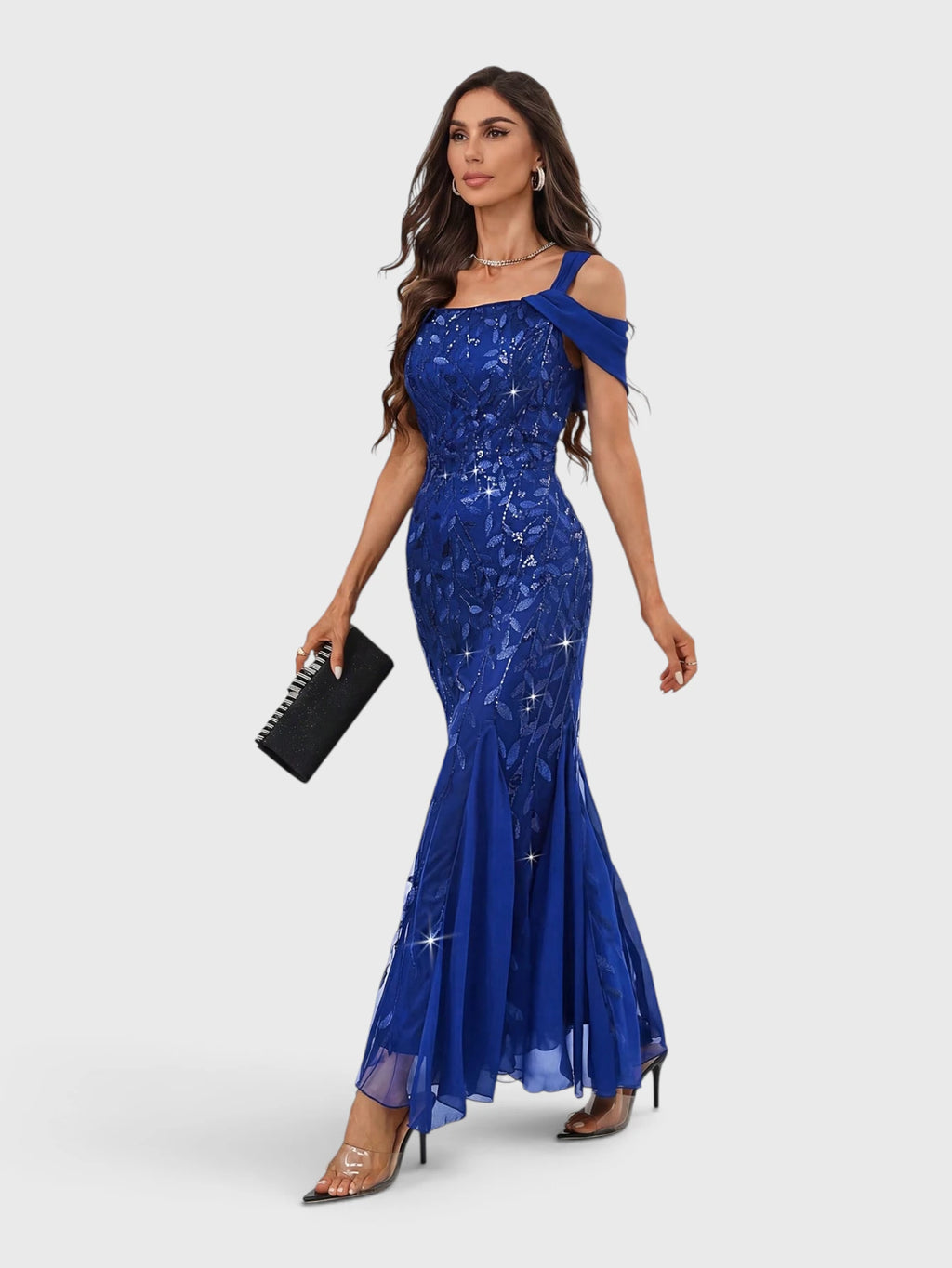 Vestido de Festa Longo Paetê Ombro a Ombro Alças