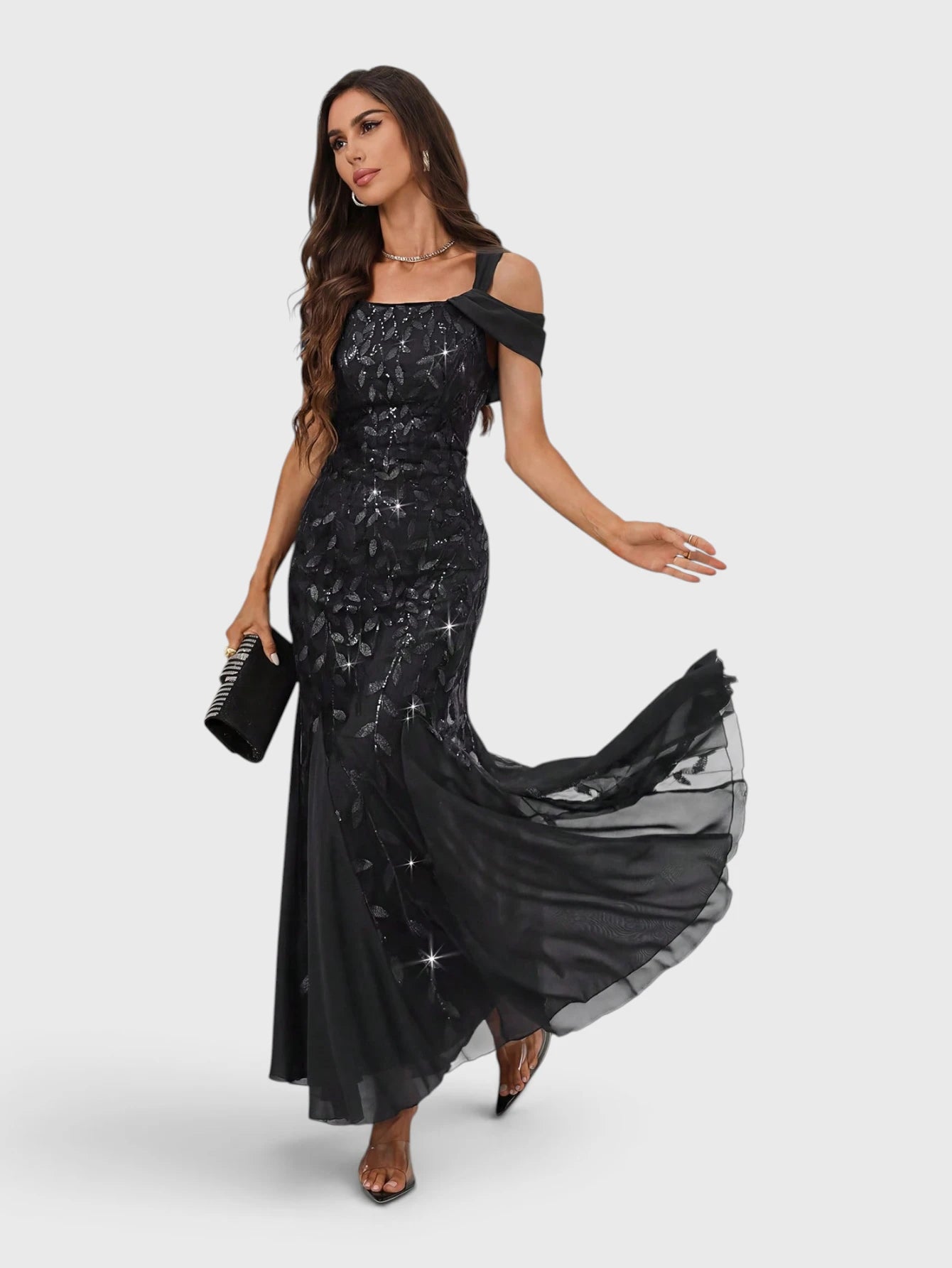 Vestido de Festa Longo Paetê Ombro a Ombro Alças