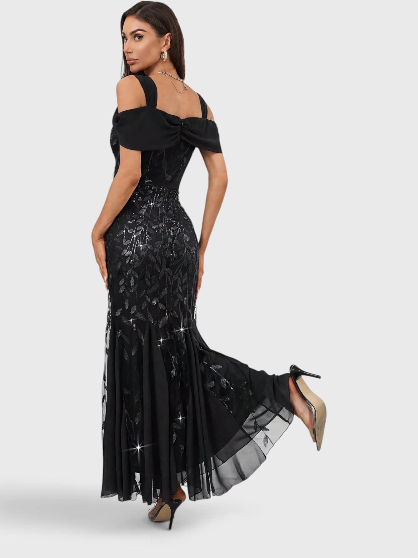 Vestido de Festa Longo Paetê Ombro a Ombro Alças