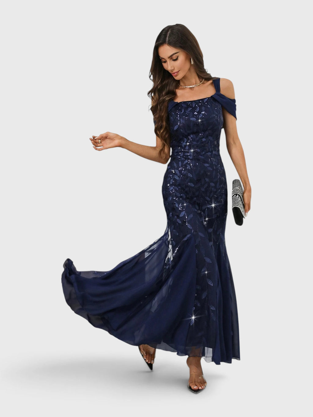 Vestido de Festa Longo Paetê Ombro a Ombro Alças