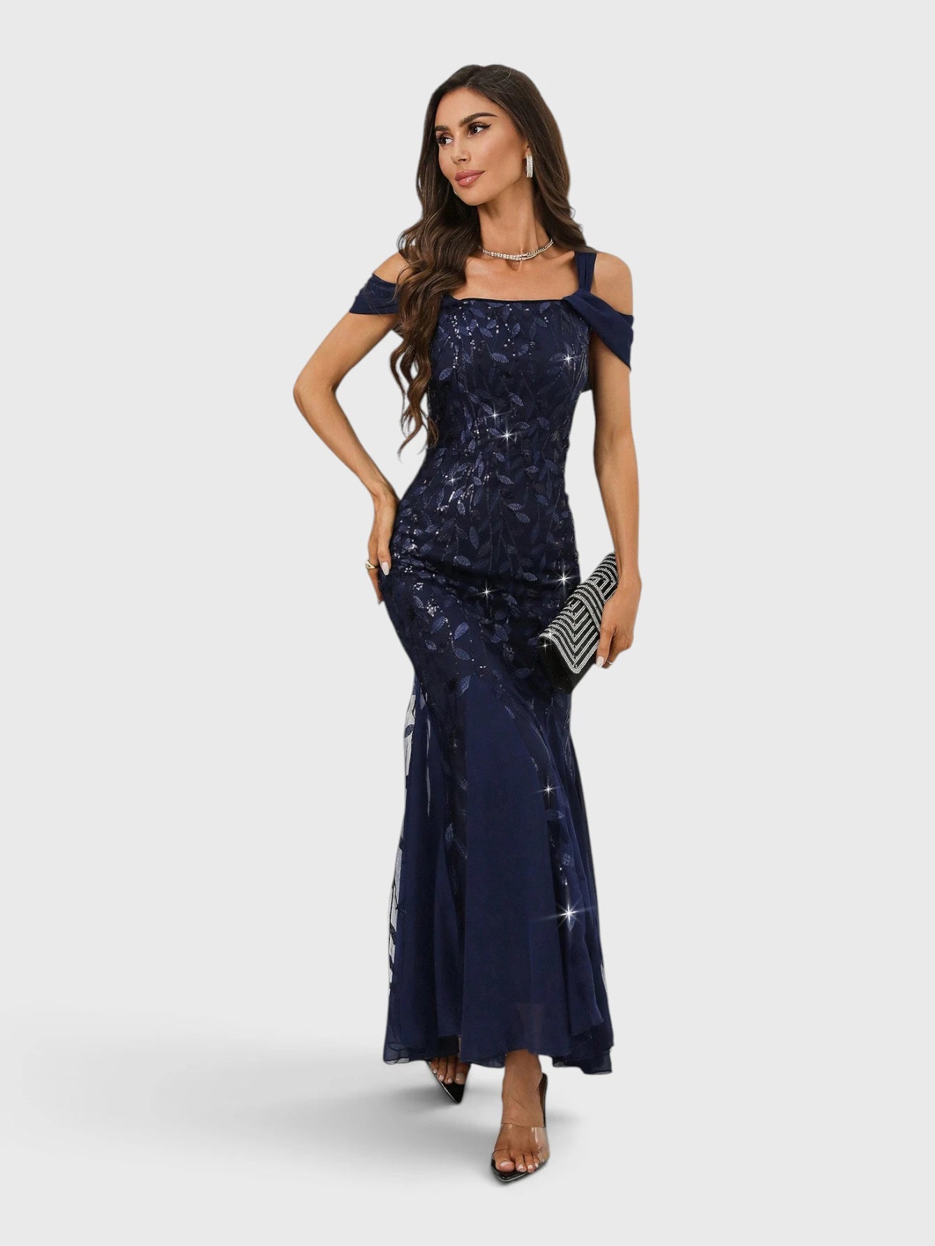 Vestido de Festa Longo Paetê Ombro a Ombro Alças