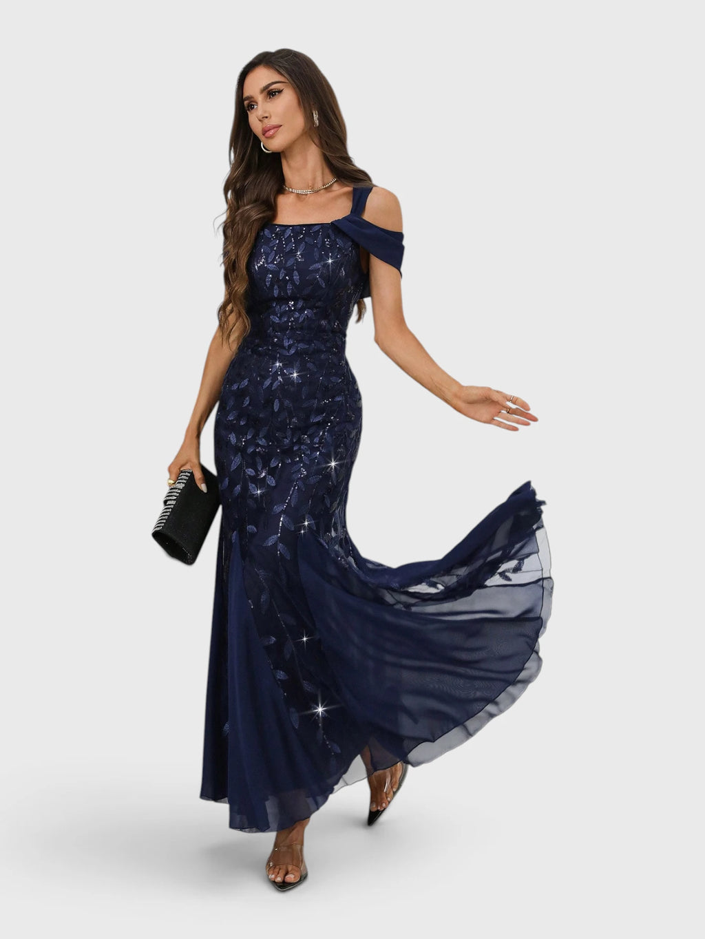 Vestido de Festa Longo Paetê Ombro a Ombro Alças