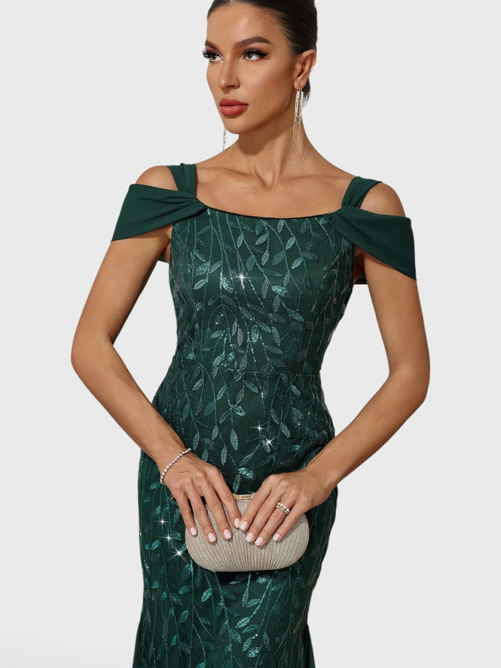 Vestido de Festa Longo Paetê Ombro a Ombro Alças