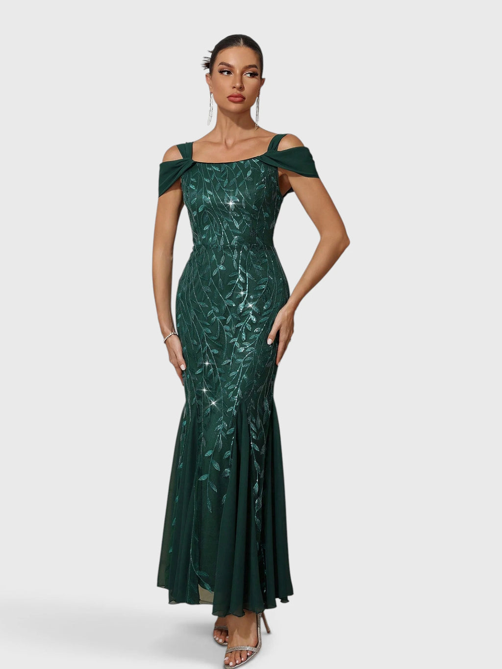 Vestido de Festa Longo Paetê Ombro a Ombro Alças