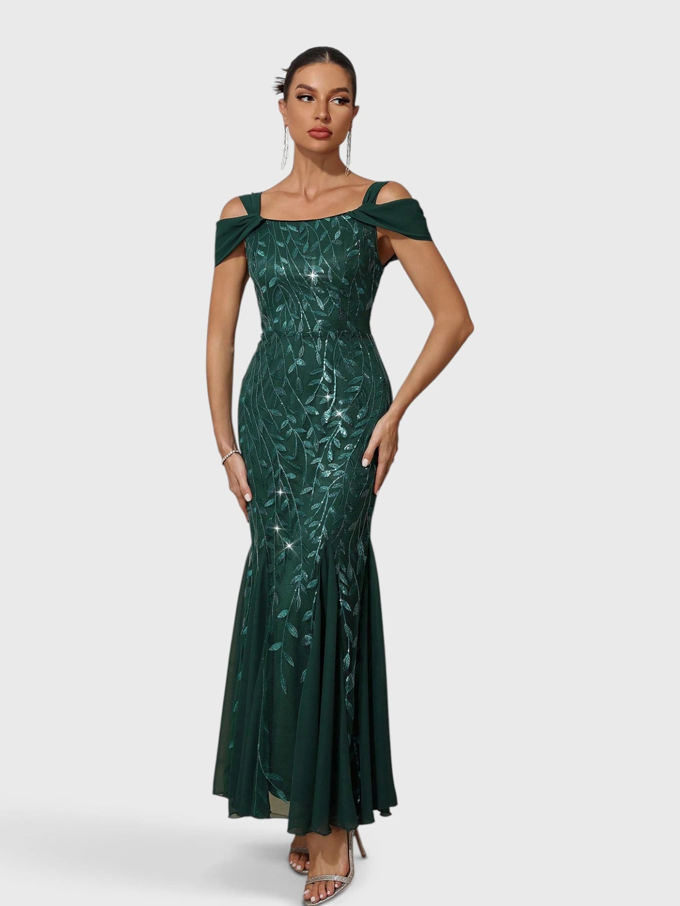 Vestido de Festa Longo Paetê Ombro a Ombro Alças
