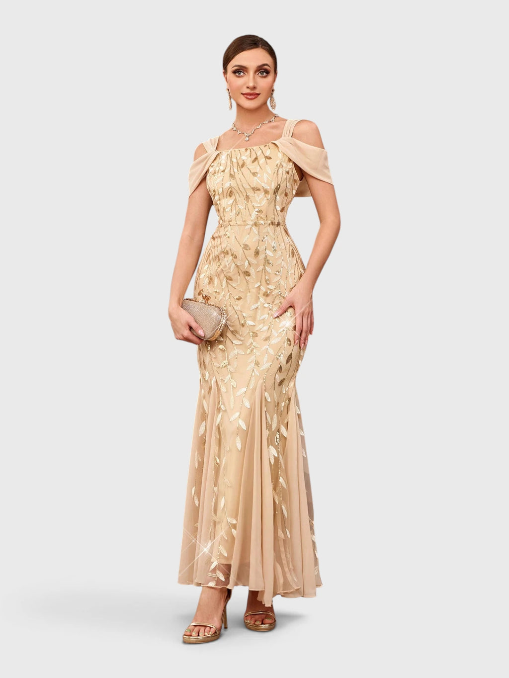 Vestido de Festa Longo Paetê Ombro a Ombro Alças