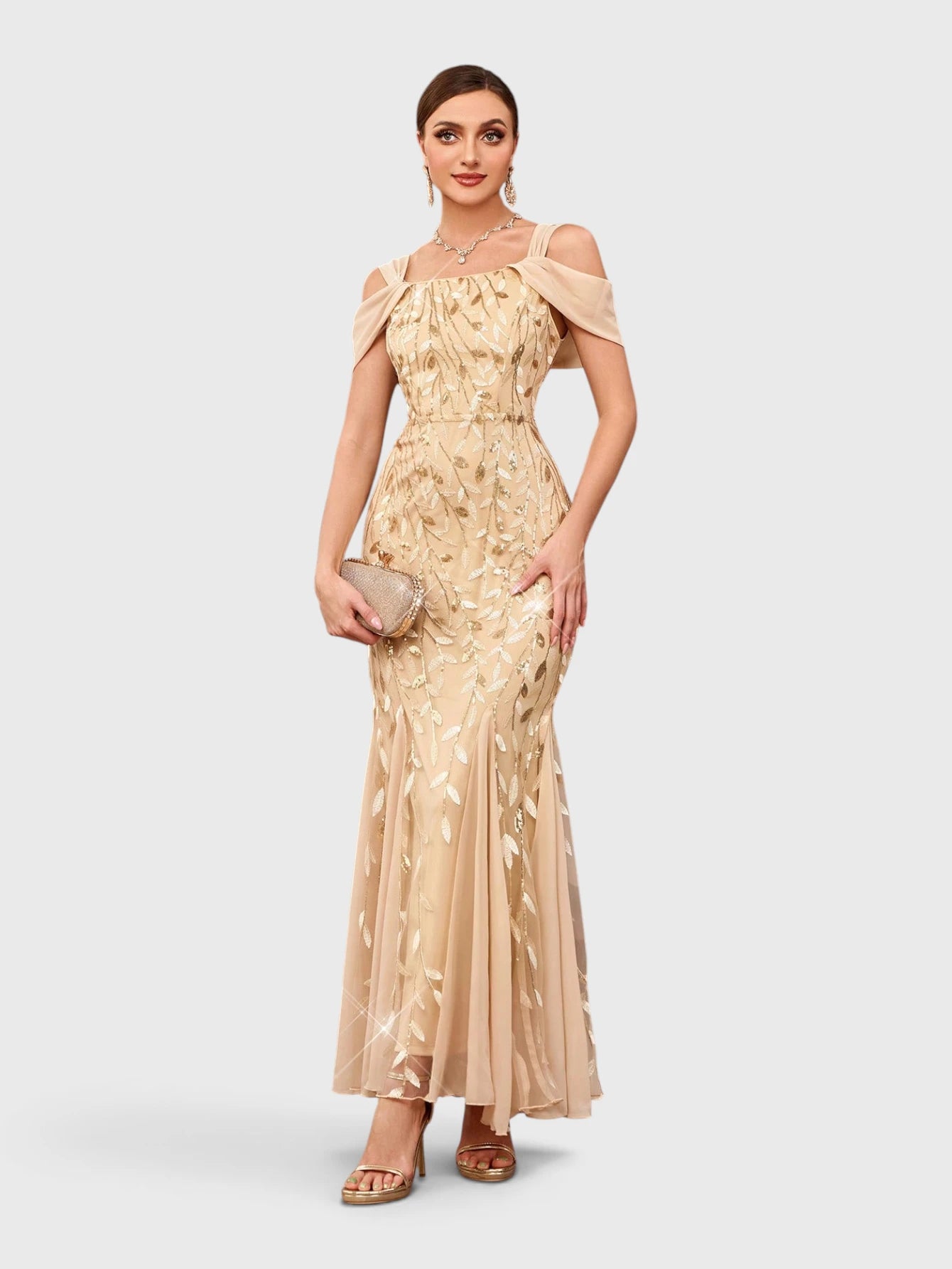 Vestido de Festa Longo Paetê Ombro a Ombro Alças