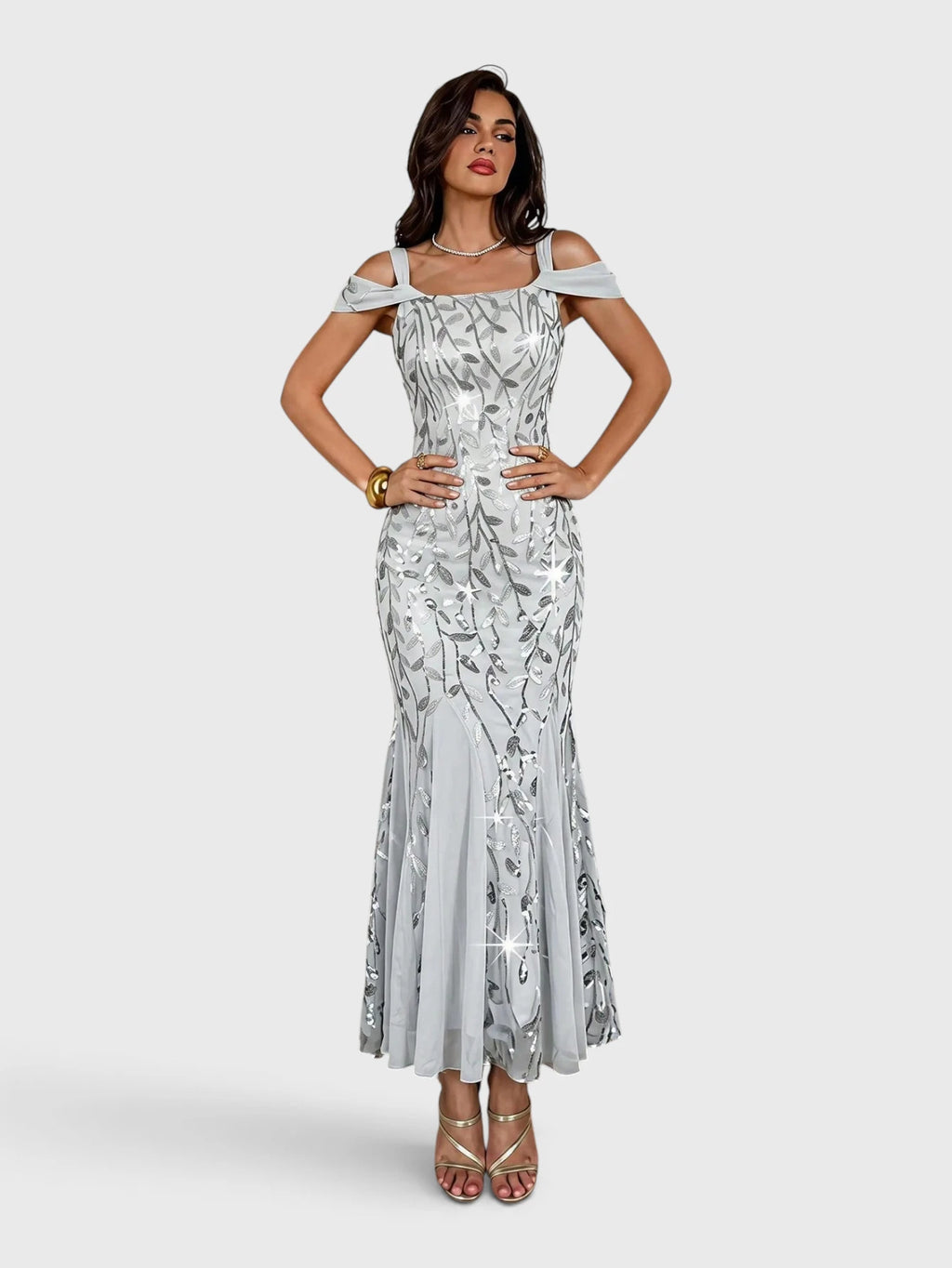 Vestido de Festa Longo Paetê Ombro a Ombro Alças