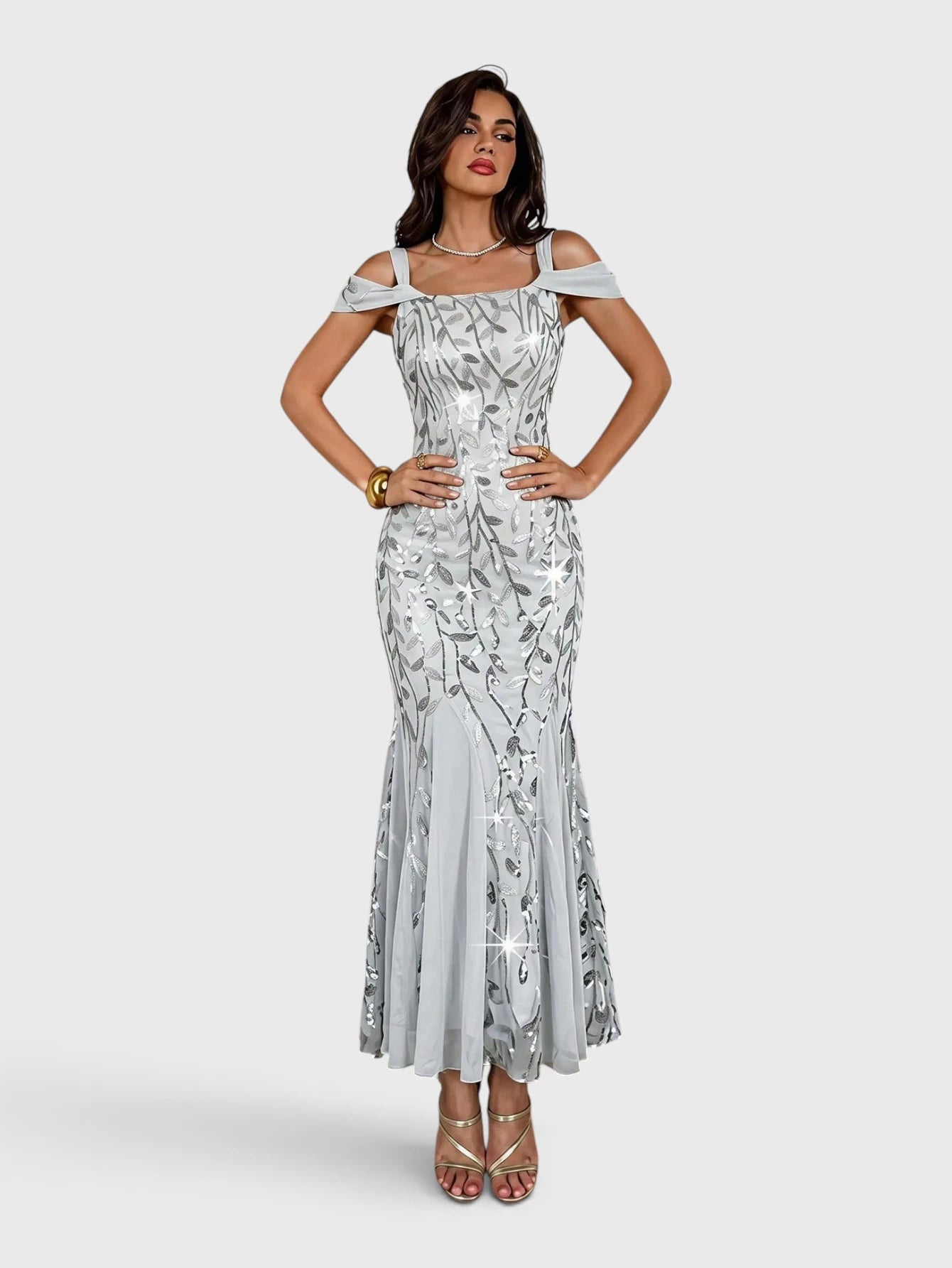 Vestido de Festa Longo Paetê Ombro a Ombro Alças