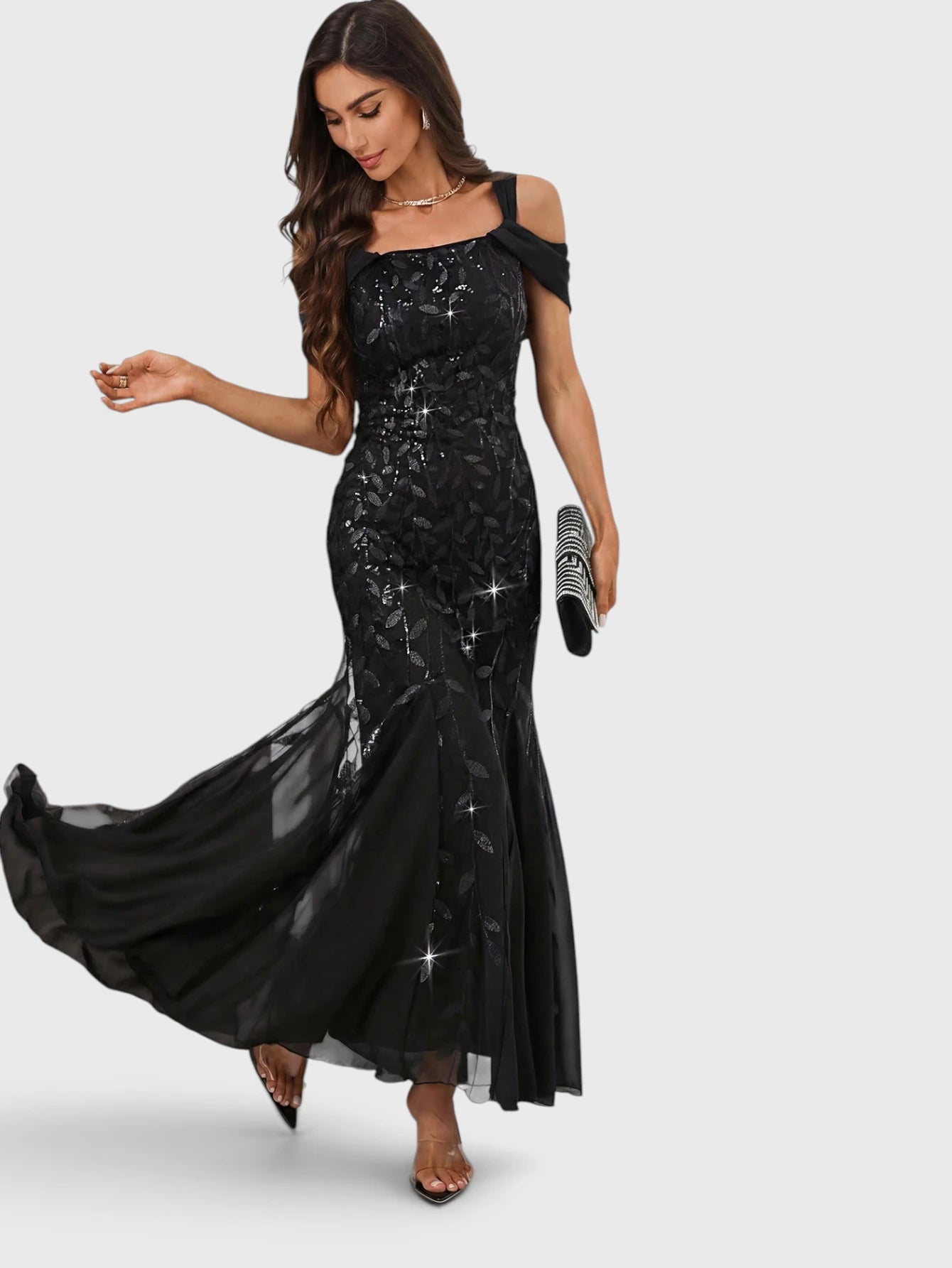 Vestido de Festa Longo Paetê Ombro a Ombro Alças