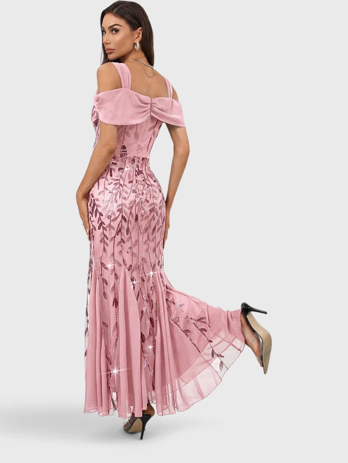 Vestido de Festa Longo Paetê Ombro a Ombro Alças