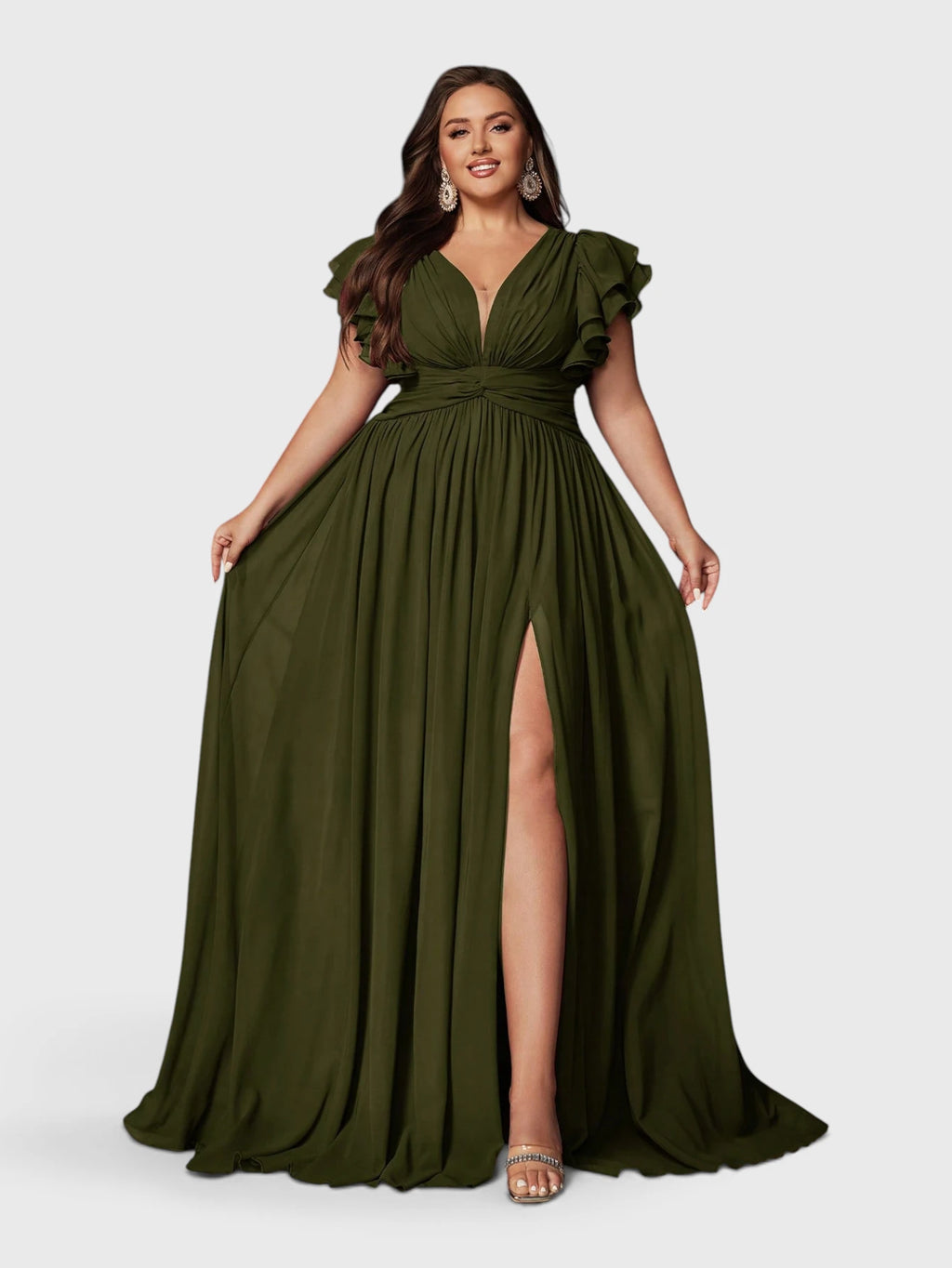 Vestido de Festa Verde Oliva Vestido de Festa Longo Plus Size Decote V Bruna