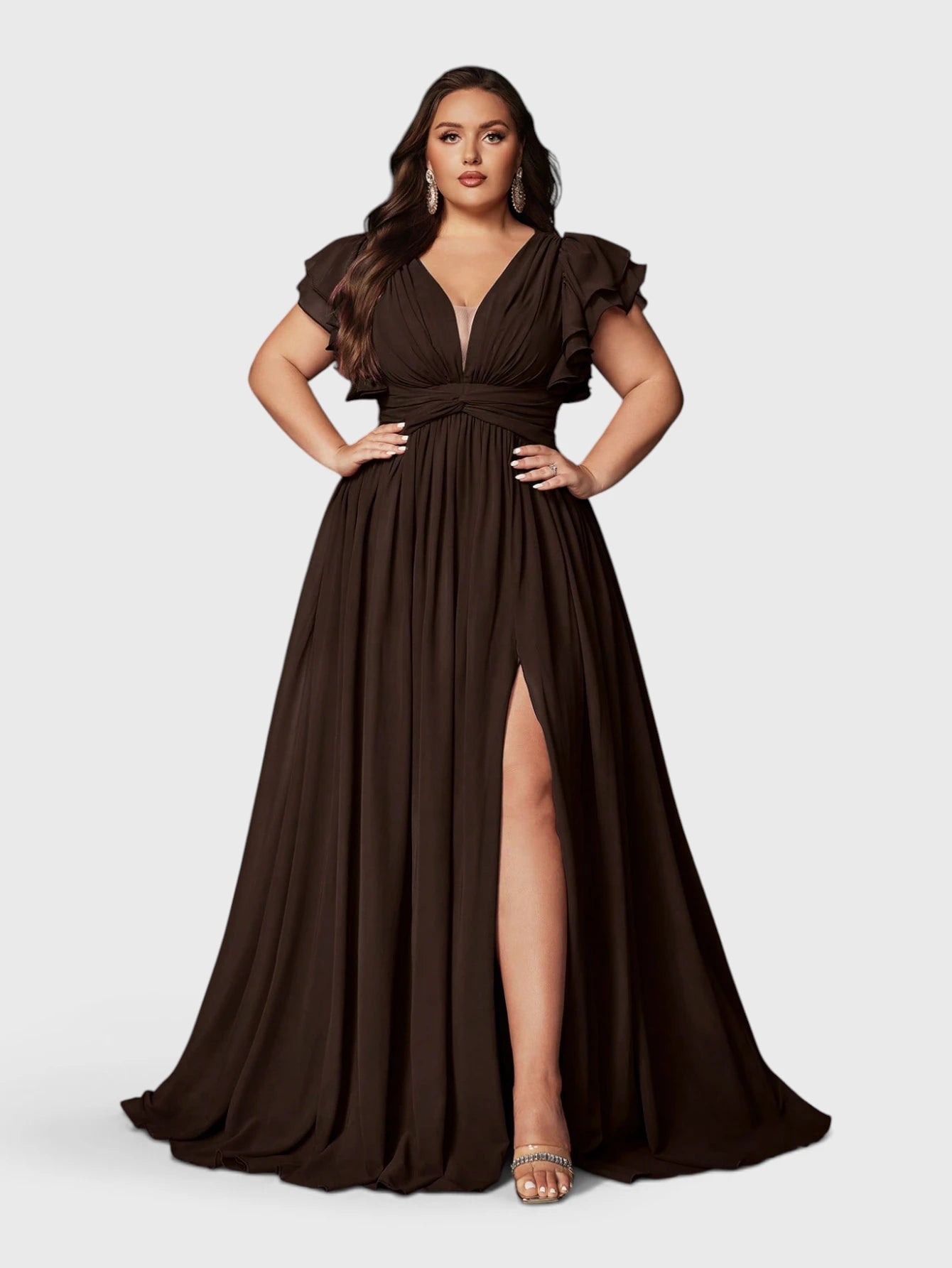 Vestido de Festa Marrom Vestido de Festa Longo Plus Size Decote V Bruna