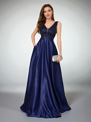 Vestido de Festa Azul Marinho Vestido de Festa Longo com Bolso Lateral Paetê Leonor