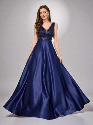 Vestido de Festa Azul Marinho Vestido de Festa Longo com Bolso Lateral Paetê Leonor