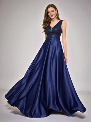 Vestido de Festa Azul Marinho Vestido de Festa Longo com Bolso Lateral Paetê Leonor