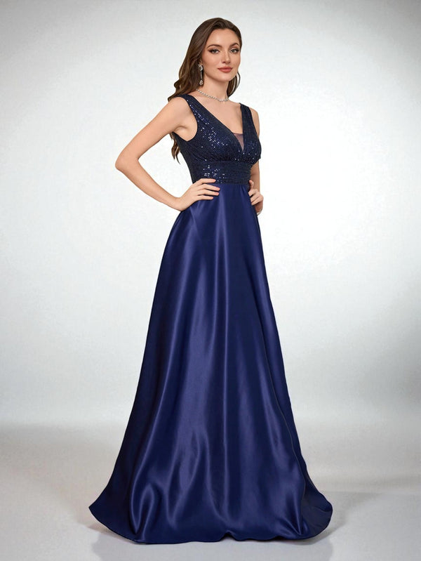 Vestido de Festa Azul Marinho Vestido de Festa Longo com Bolso Lateral Paetê Leonor