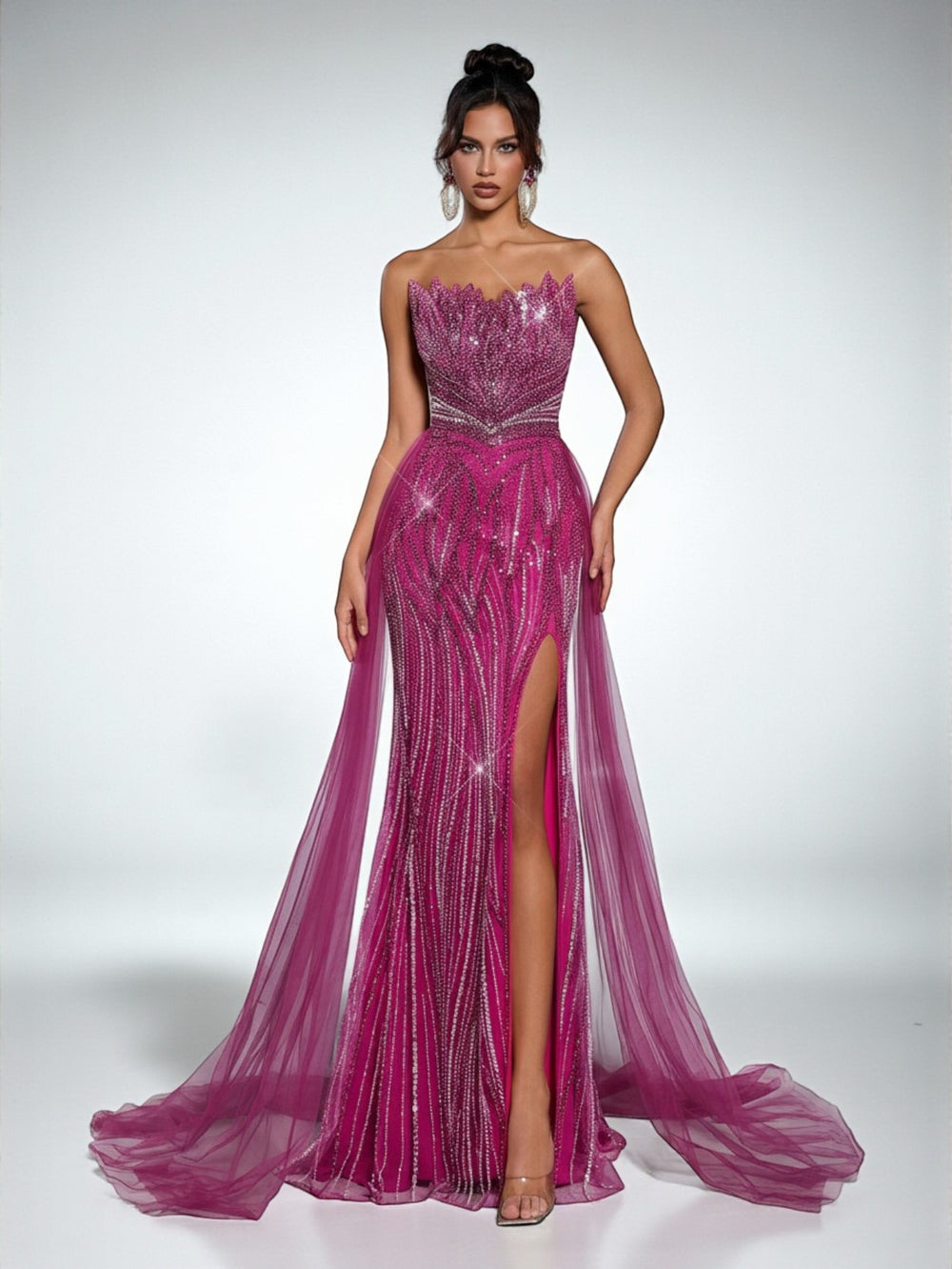 Vestido de Festa Pink Vestido de Festa Super Luxo Tomara que Caia Paetê Cauda Dupla Itália