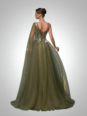 Vestido de Festa Longo Manga Única Capa Bordado Boston