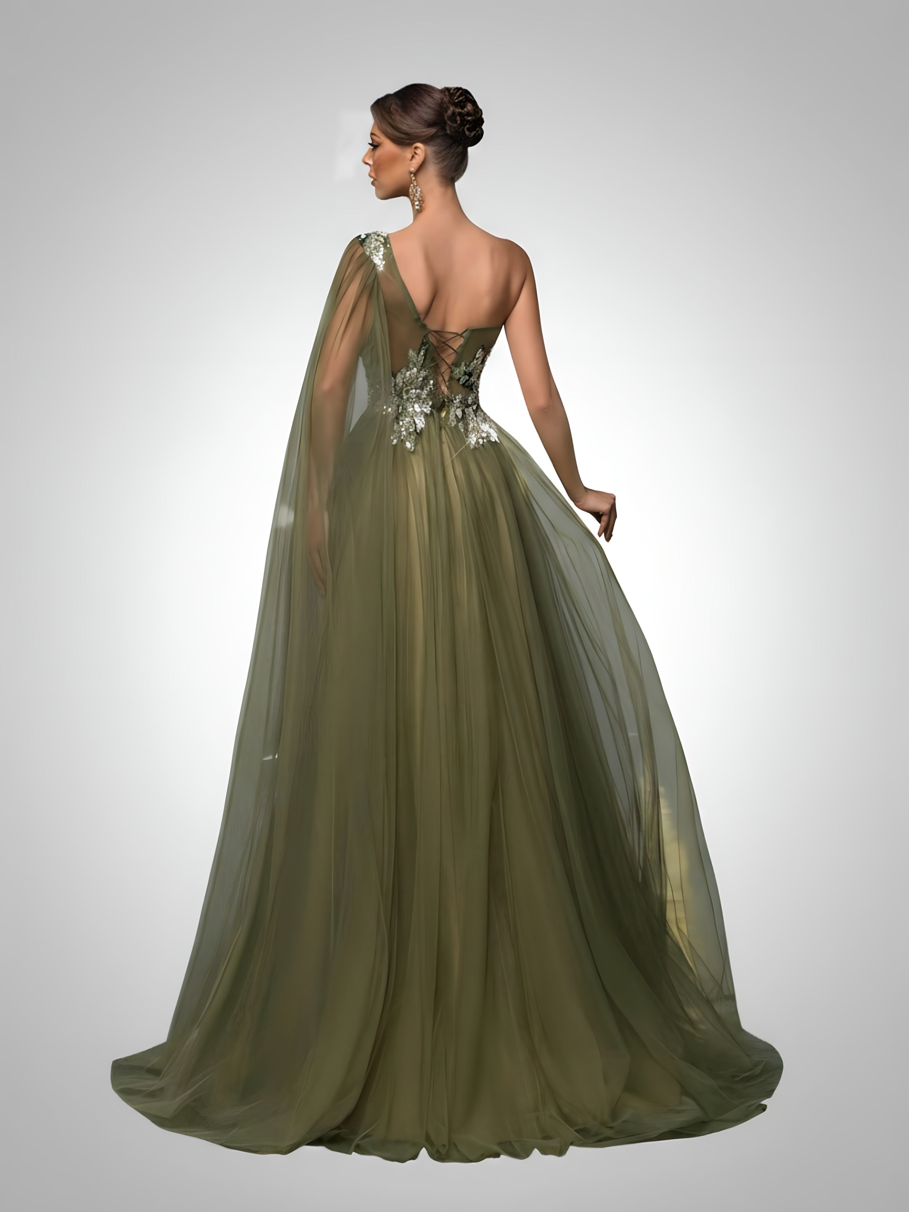Vestido de Festa Verde Oliva Vestido de Festa Longo Manga Única Capa Bordado Boston