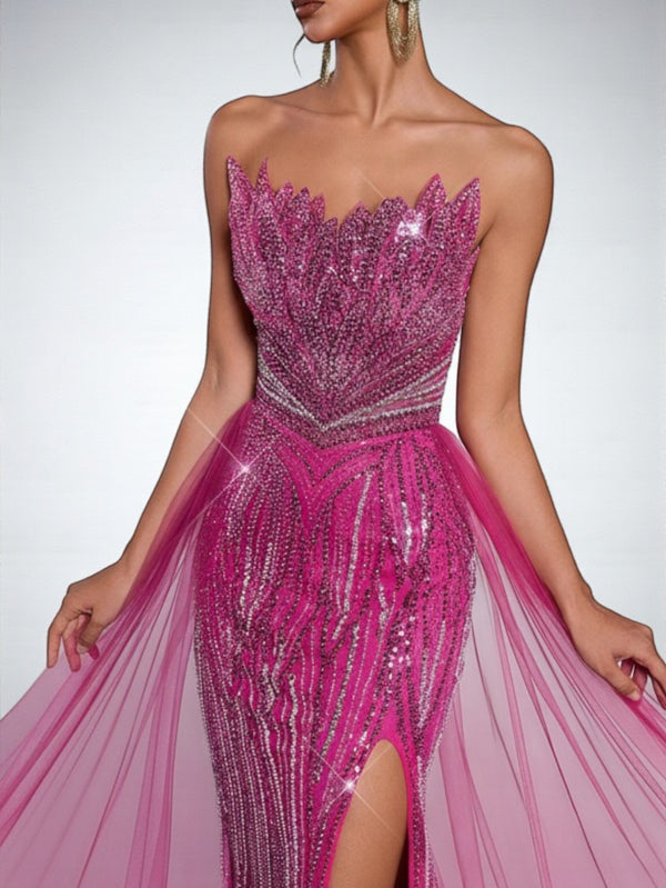 Vestido de Festa Pink Vestido de Festa Super Luxo Tomara que Caia Paetê Cauda Dupla Itália