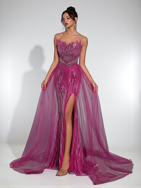 Vestido de Festa Pink Vestido de Festa Super Luxo Tomara que Caia Paetê Cauda Dupla Itália