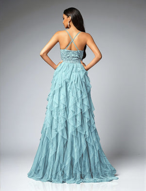 Vestido de Festa Azul Serenity Vestido de Festa Camadas Cascata Paetê Paty