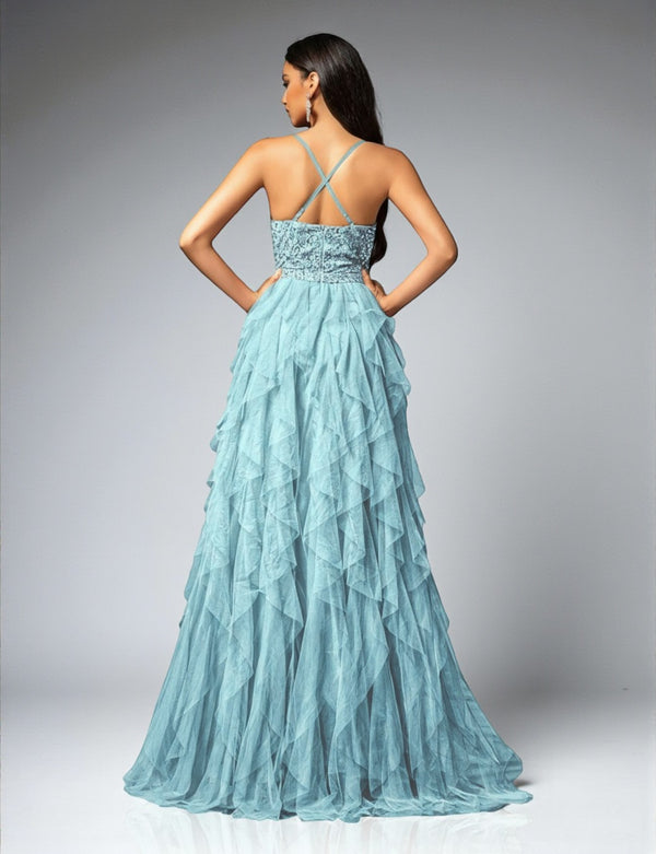 Vestido de Festa Azul Serenity Vestido de Festa Camadas Cascata Paetê Paty