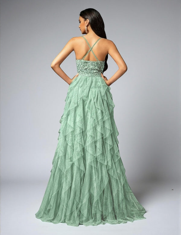 Vestido de Festa Verde Menta Vestido de Festa Camadas Cascata Paetê Paty