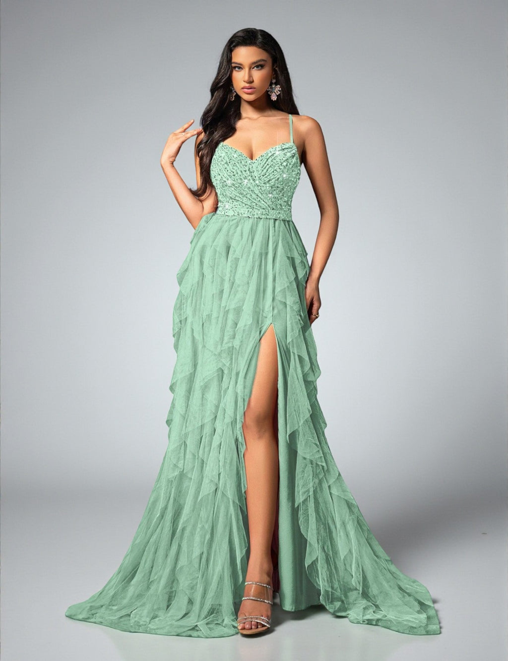 Vestido de Festa Verde Menta Vestido de Festa Camadas Cascata Paetê Paty