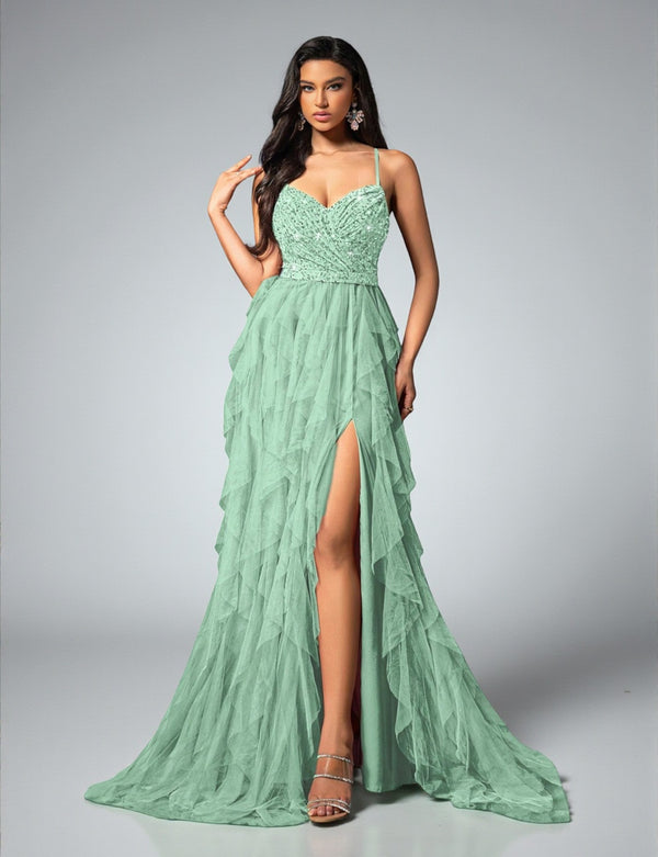 Vestido de Festa Verde Menta Vestido de Festa Camadas Cascata Paetê Paty