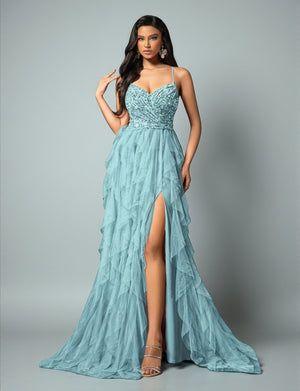 Vestido de Festa Azul Serenity Vestido de Festa Camadas Cascata Paetê Paty