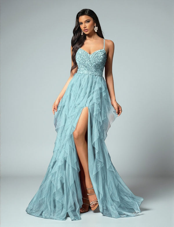 Vestido de Festa Azul Serenity Vestido de Festa Camadas Cascata Paetê Paty