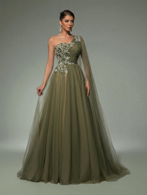 Vestido de Festa Longo Manga Única Capa Bordado Boston